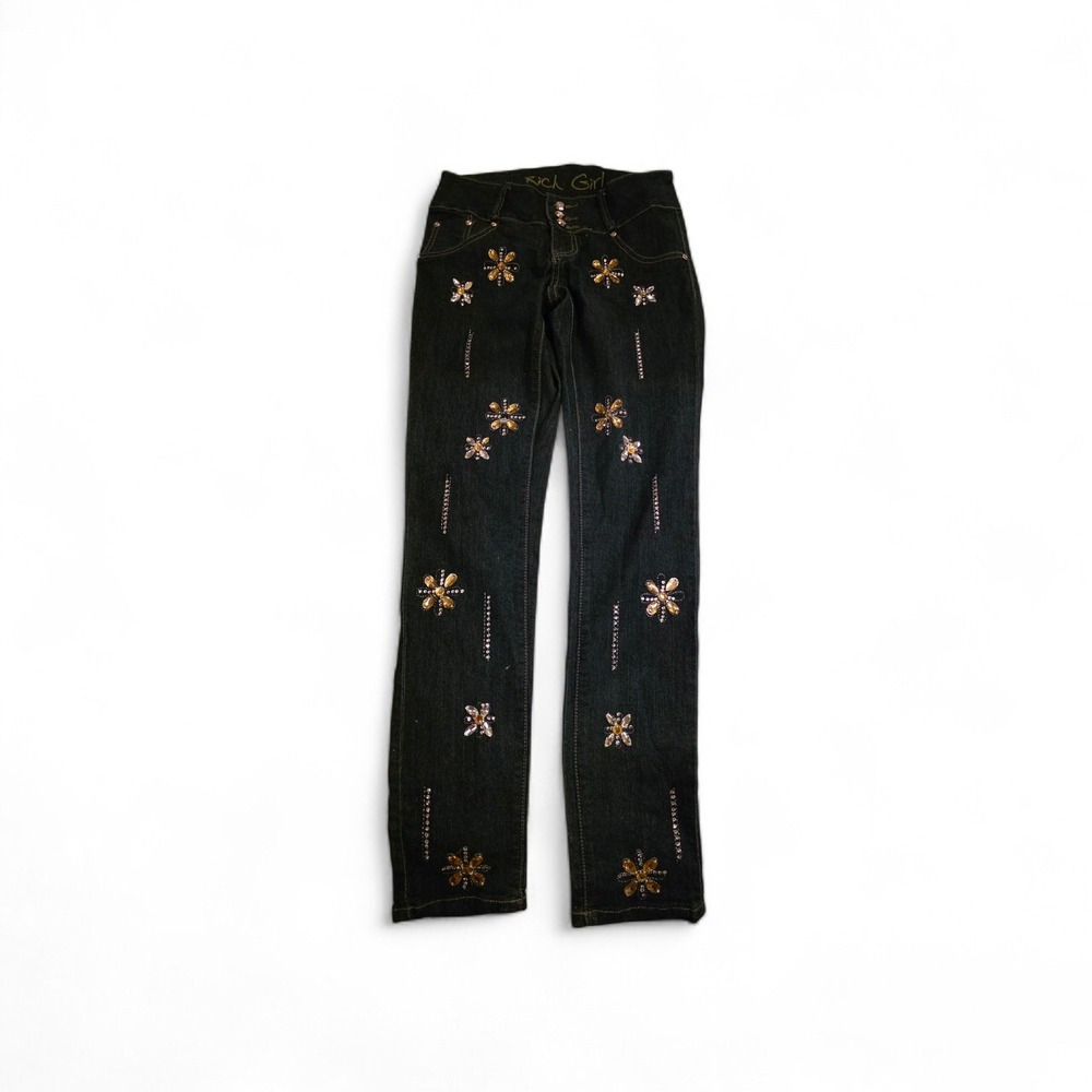 Rich Girl y2k Jeans Gold  & SilverEmbroidered Sequin  Flowers Denim Sz 7